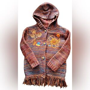 Woolworths Vintage Girls Cardigan Crochet Buttons Embroidered Fringe Colorful